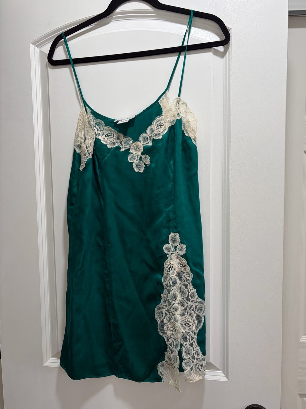 Morgan Taylor Emerald Green Satin Lace Chemise Slip Nightgown Mini.